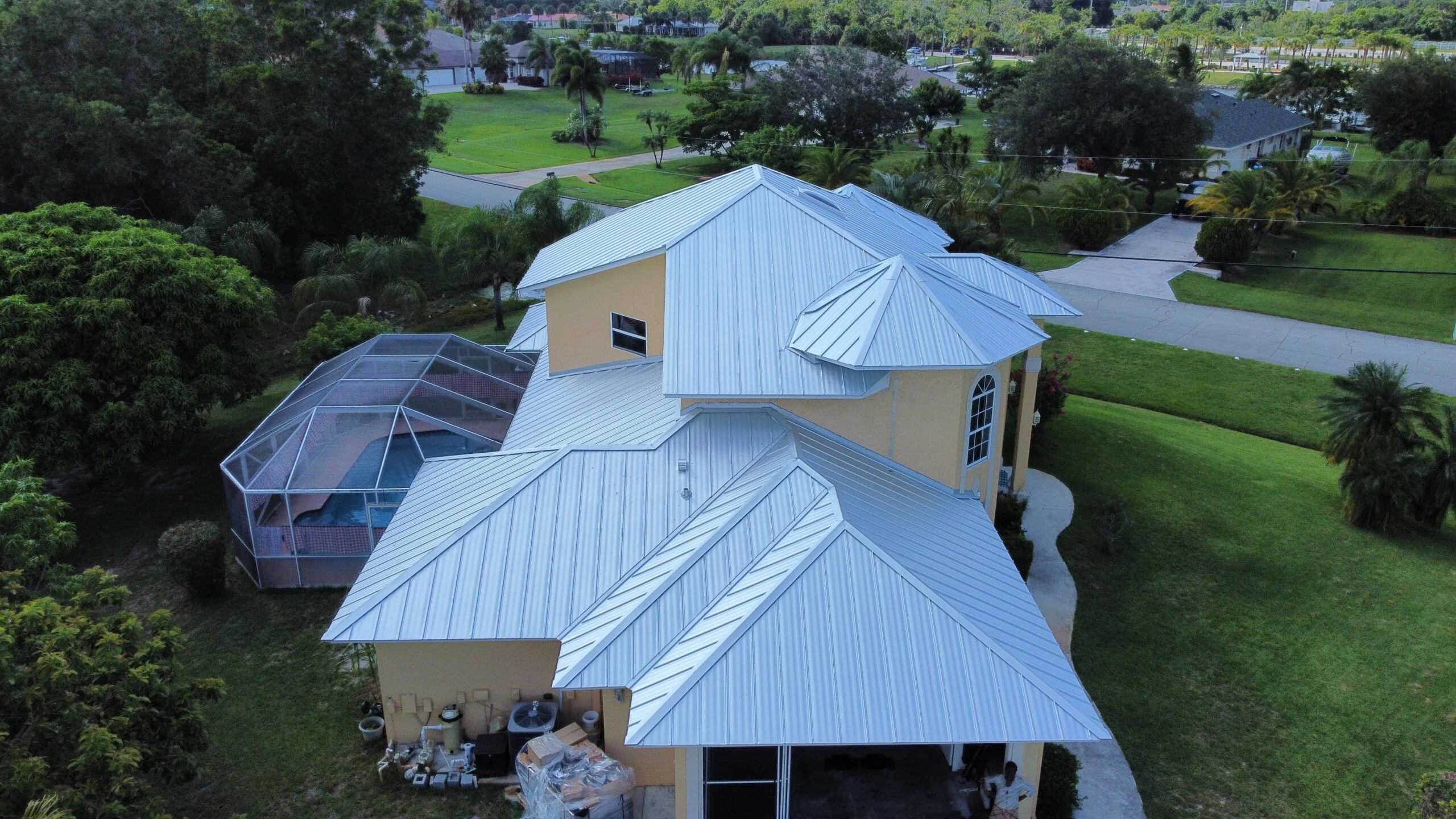 Aerial view of metal roof installation in Broward County FL by Qualitech Roofing